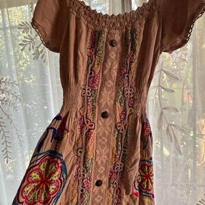 Shipibo ayahuasca embroided light Brown Dress with Multicolor Accents